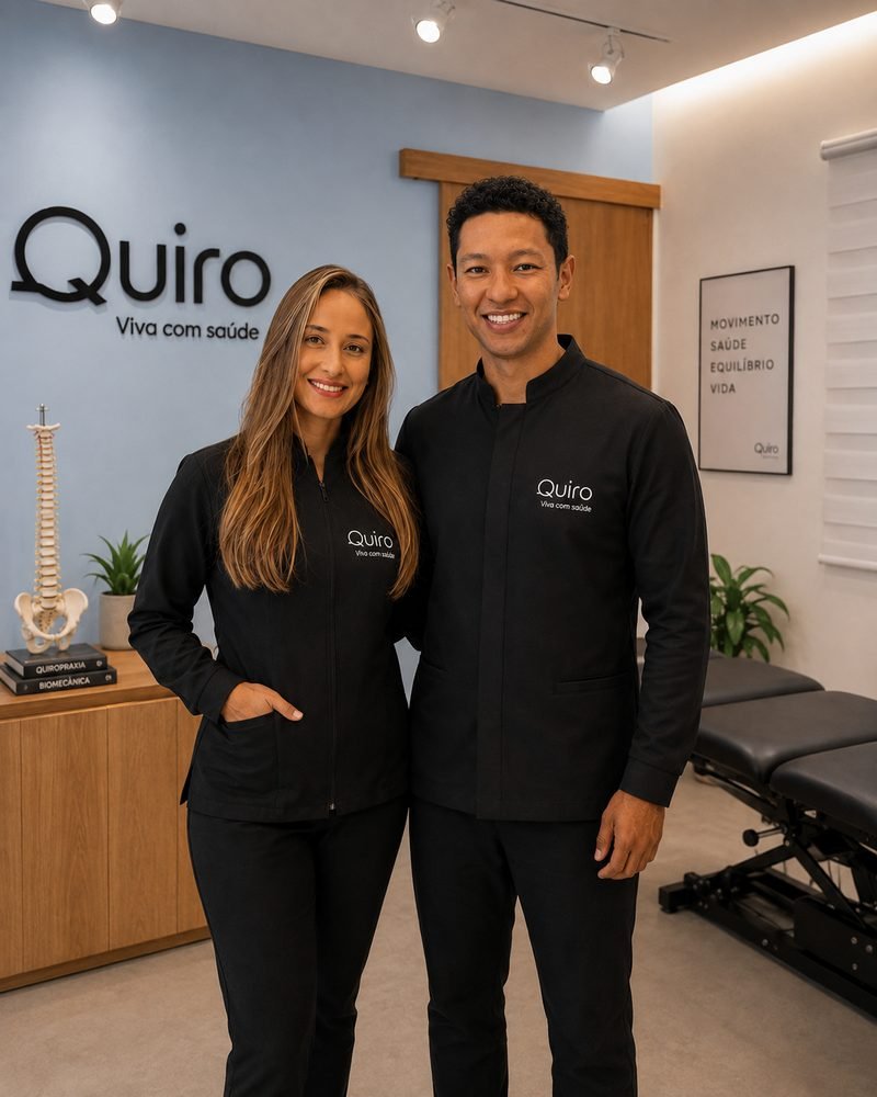 Equipe de quiropraxistas da Quiro Viva com Saúde na recepção da clínica